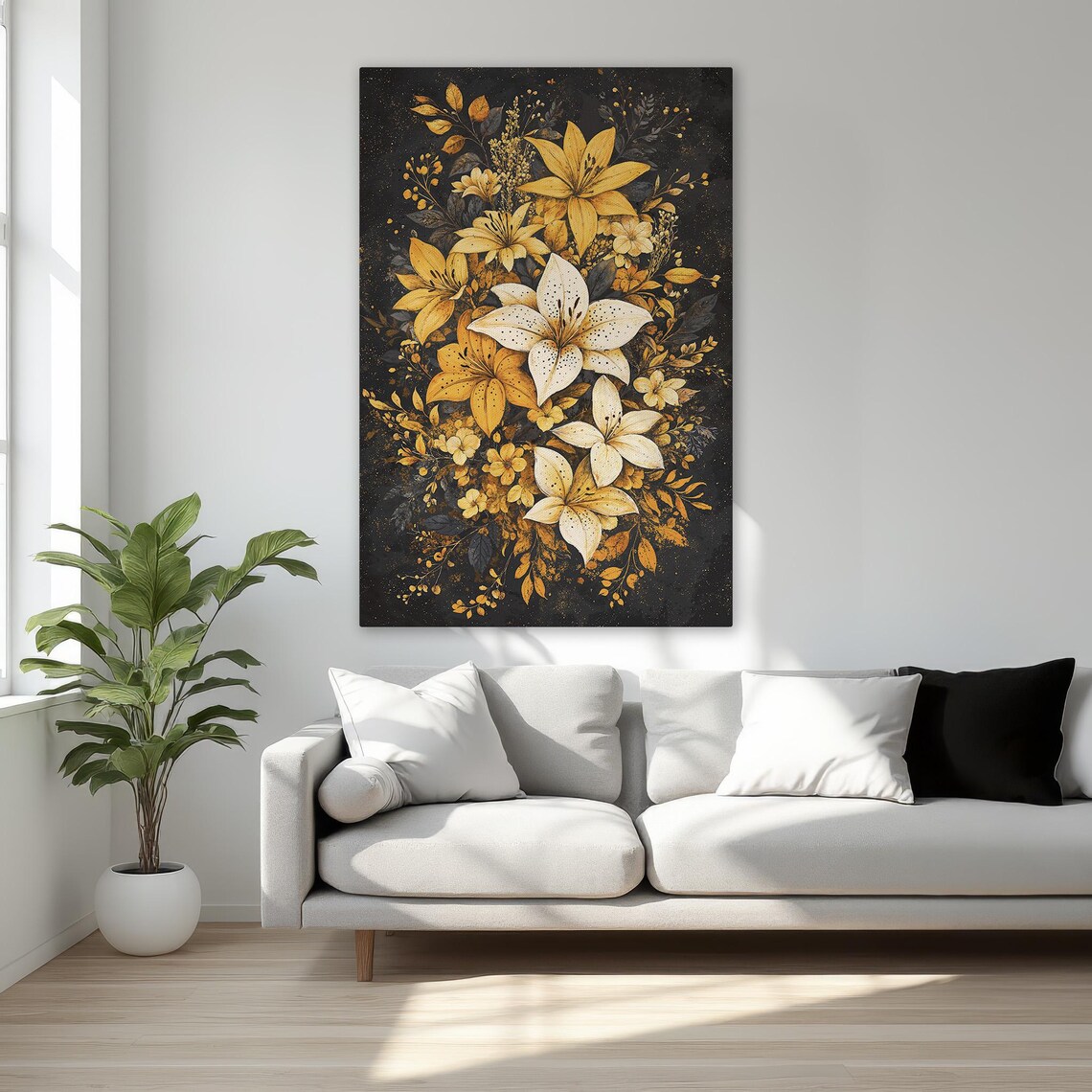 Golden Yellow Lilies On Black Dramatic Vintage Botanical Poster