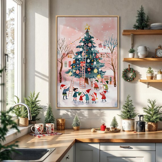Winter Christmas Tree Framed Canvas Wall Art Whimsical Festive Painting Print Nursery Xmas Decor Cozy Holiday Poster Ready To Hang Gift