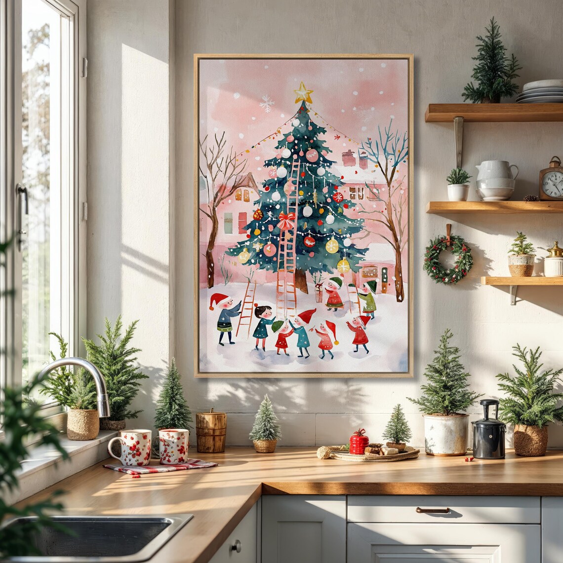 Whimsical Christmas Tree With Elves Decorating Watercolor Winter Holiday Poster