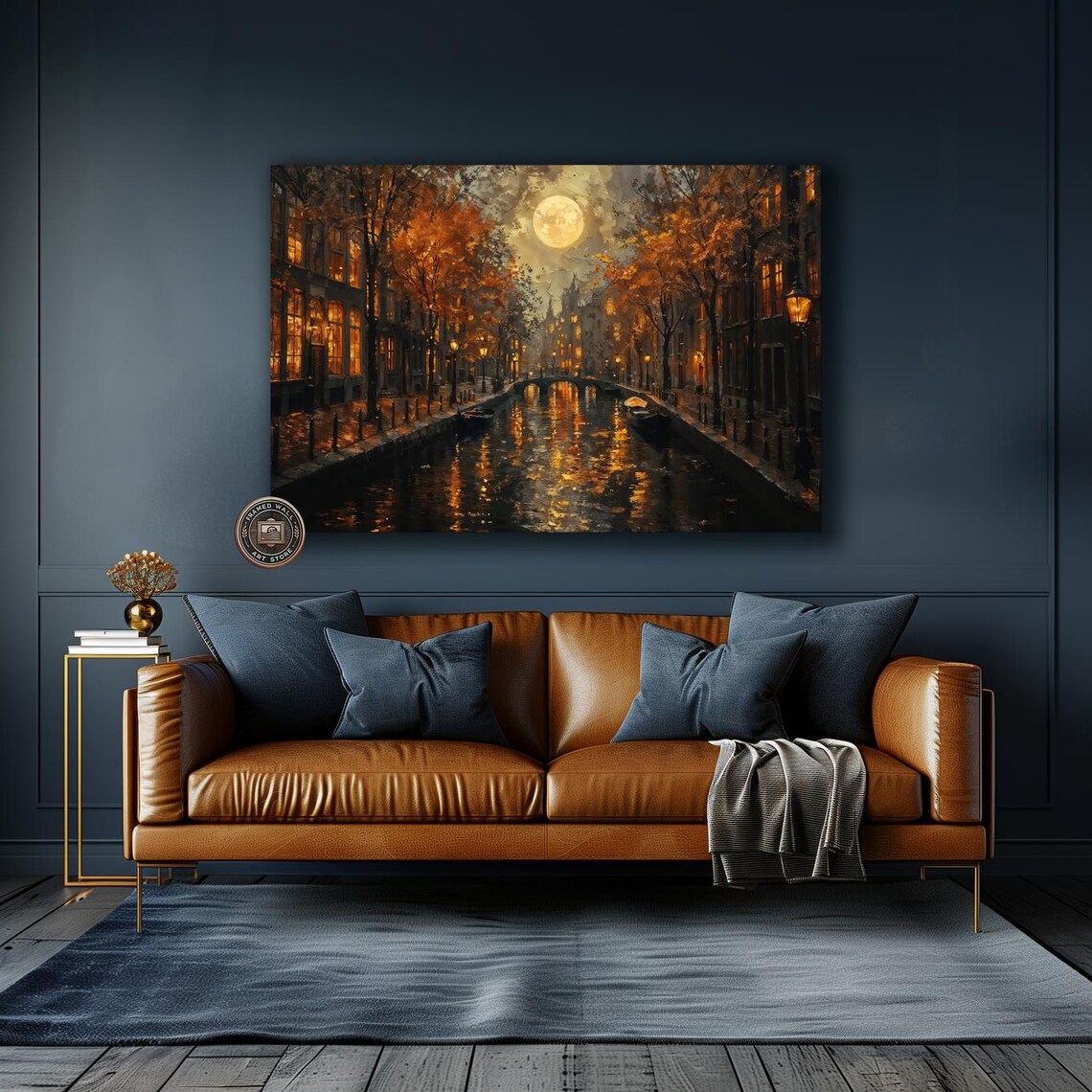 Moonlit Old Town Canal Night Lights Autumn Trees Cityscape Art Poster - Image 2