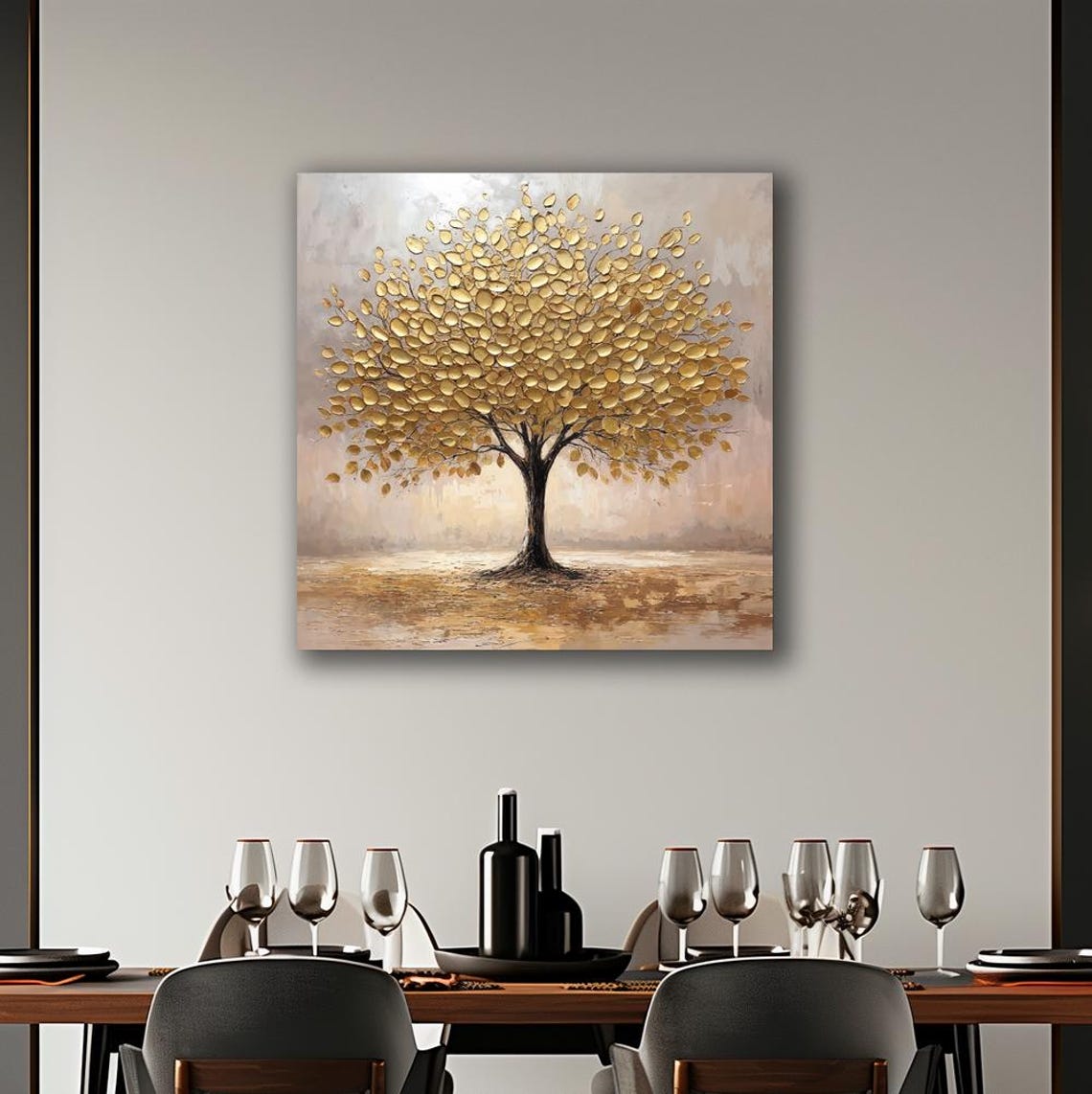 Majestic Golden Leaf Tree In Textured Gold Oil Painting Poster - Image 2