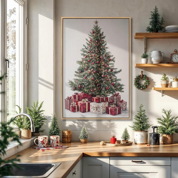 Elegant Christmas Tree With Red Gifts Traditional Holiday Poster