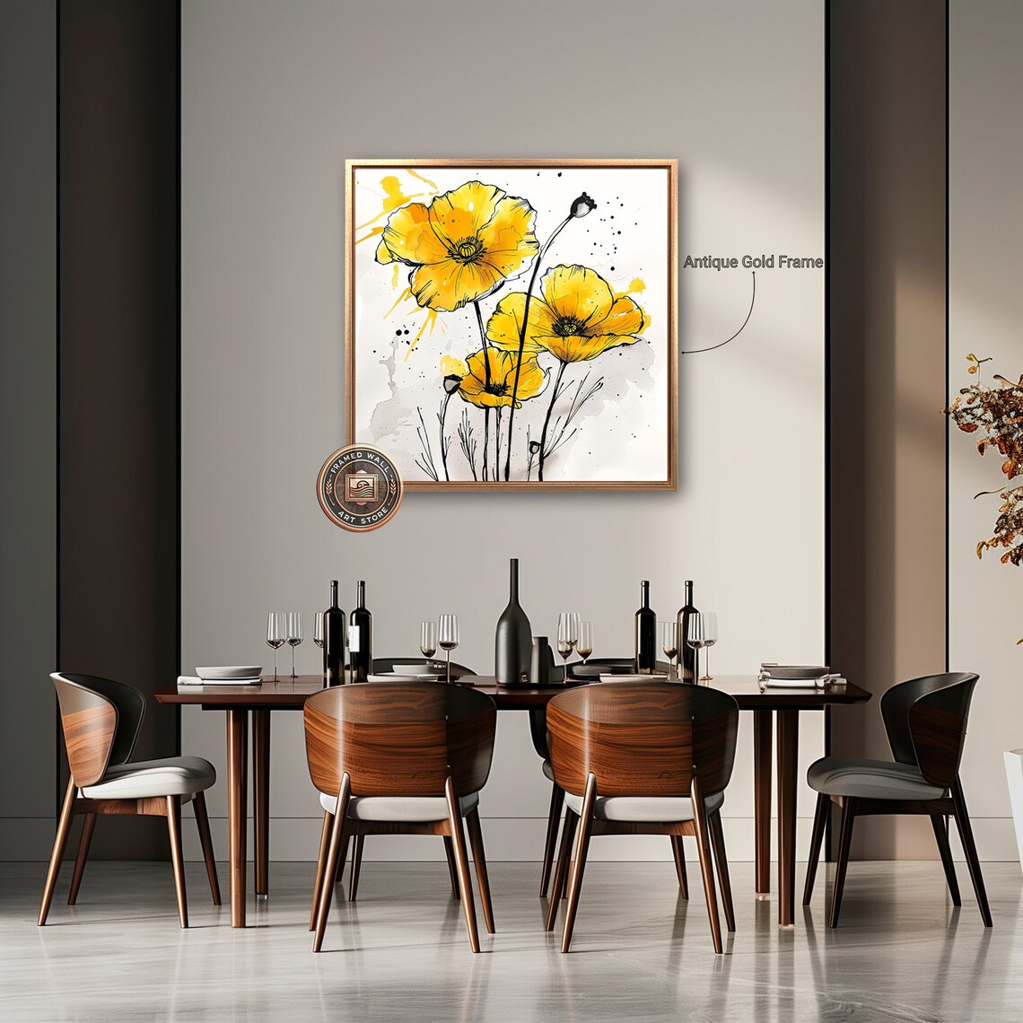 Vibrant Yellow Poppy Flowers Ink Watercolor Floral Still Life Poster - Image 2