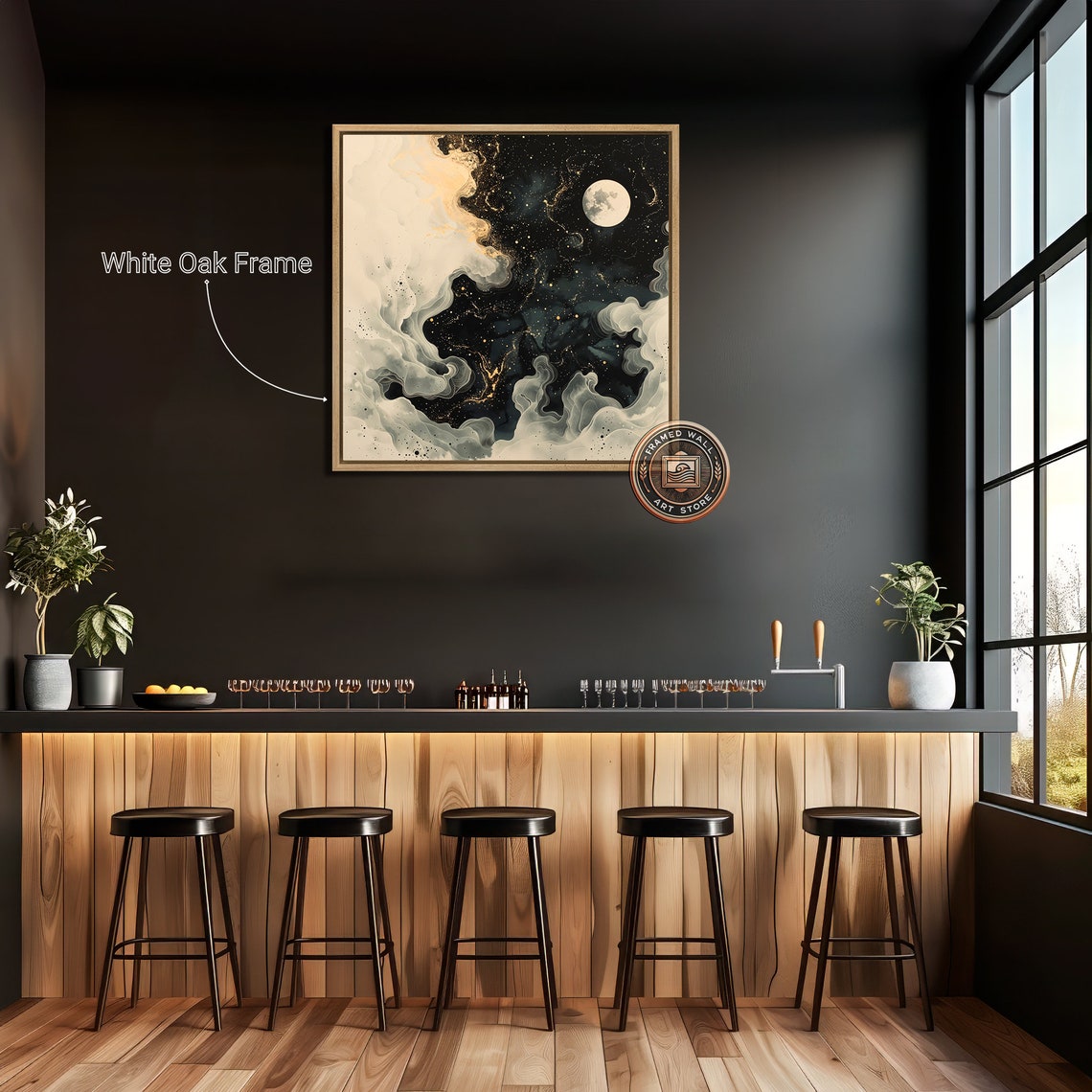 Full Moon And Gold Stars In Swirling Night Clouds Abstract Poster - Image 2