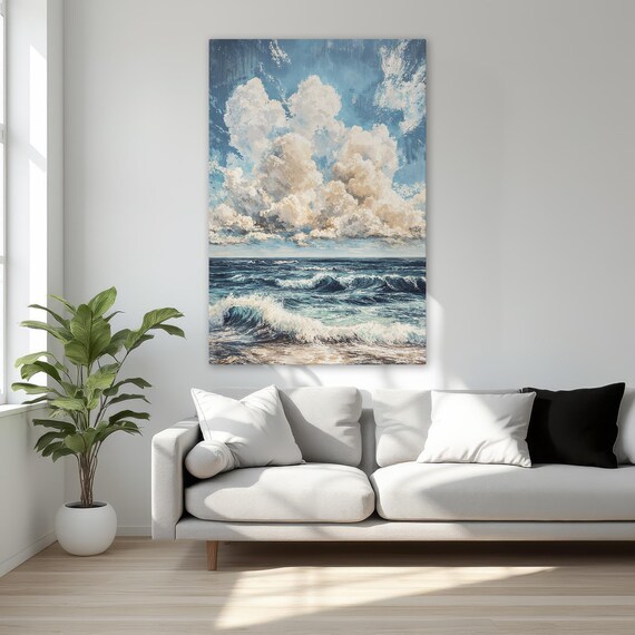 Dramatic Ocean Waves Under Towering Clouds Seascape Art Poster
