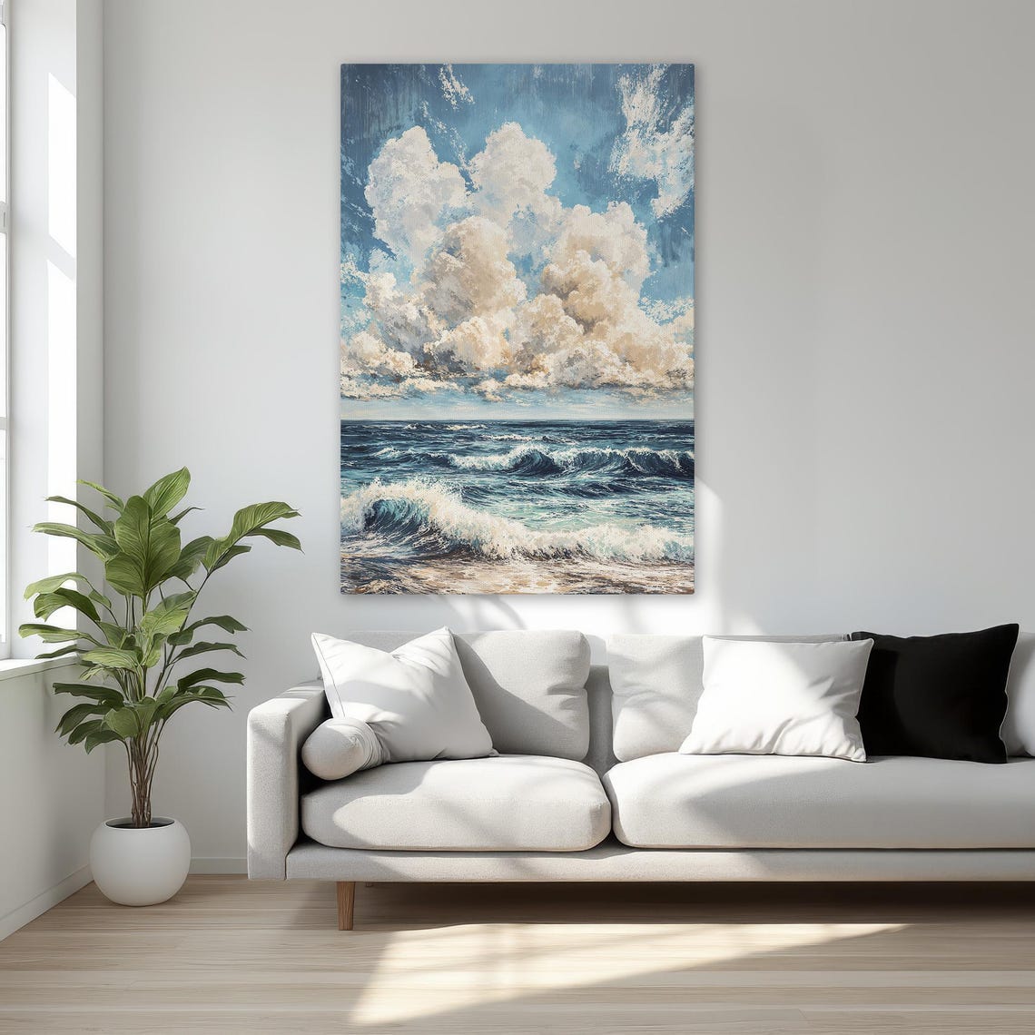 Dramatic Ocean Waves Under Towering Clouds Seascape Art Poster