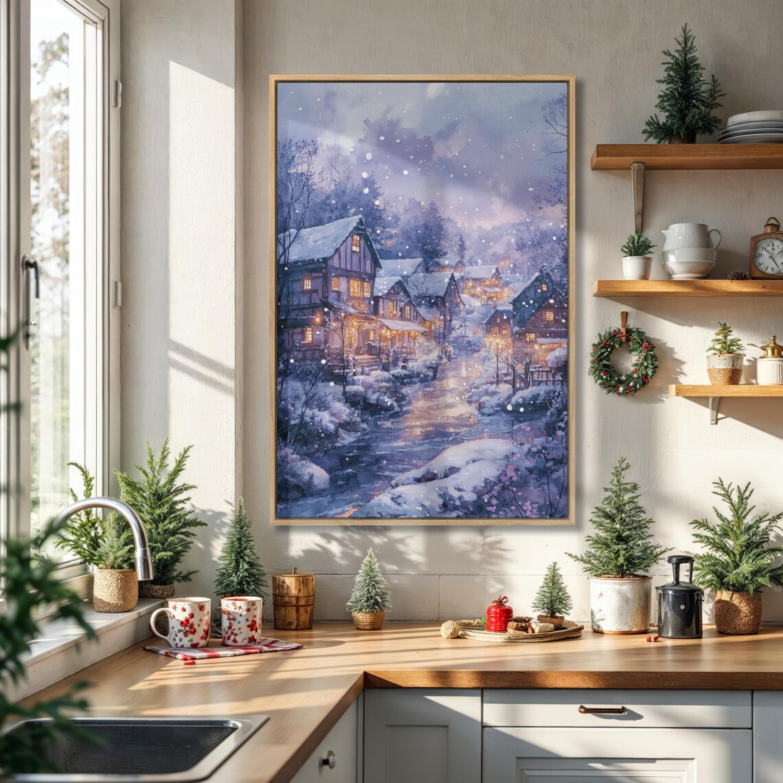 Snowy Christmas Town Night Winter Village Cozy Holiday Art Poster