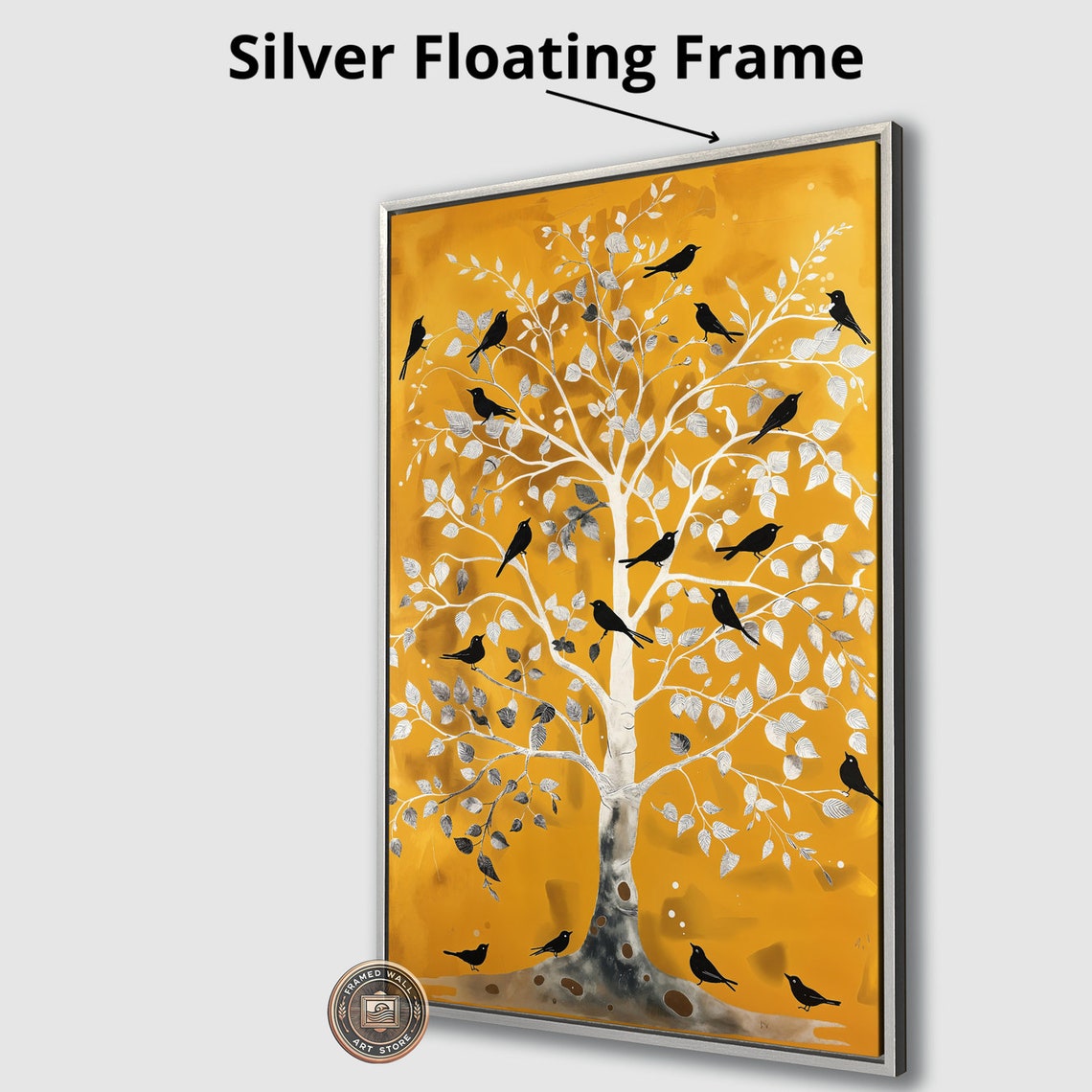 Black Birds Golden Tree Silver Leaves Minimalist Nature Art Poster - Image 3
