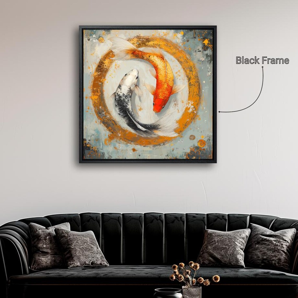 Yin Yang Koi Fish Pair Golden Circle Serene Japanese Zen Wall Art Poster - Image 2