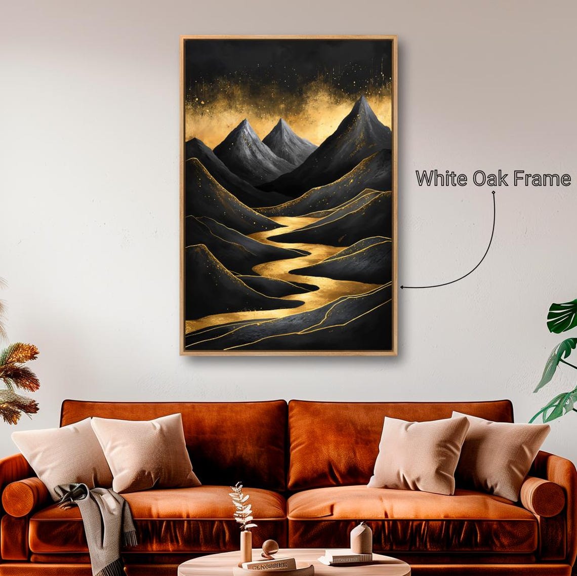 Surreal Black Gold Mountains Golden River Starry Night Abstract Poster - Image 2