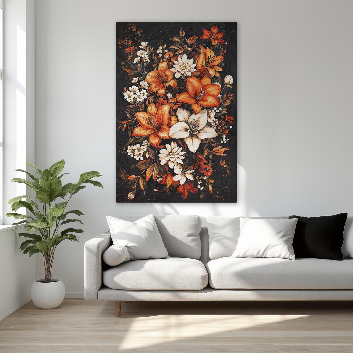 Orange Lilies White Blossoms Dark Floral Canvas Art Poster Piece