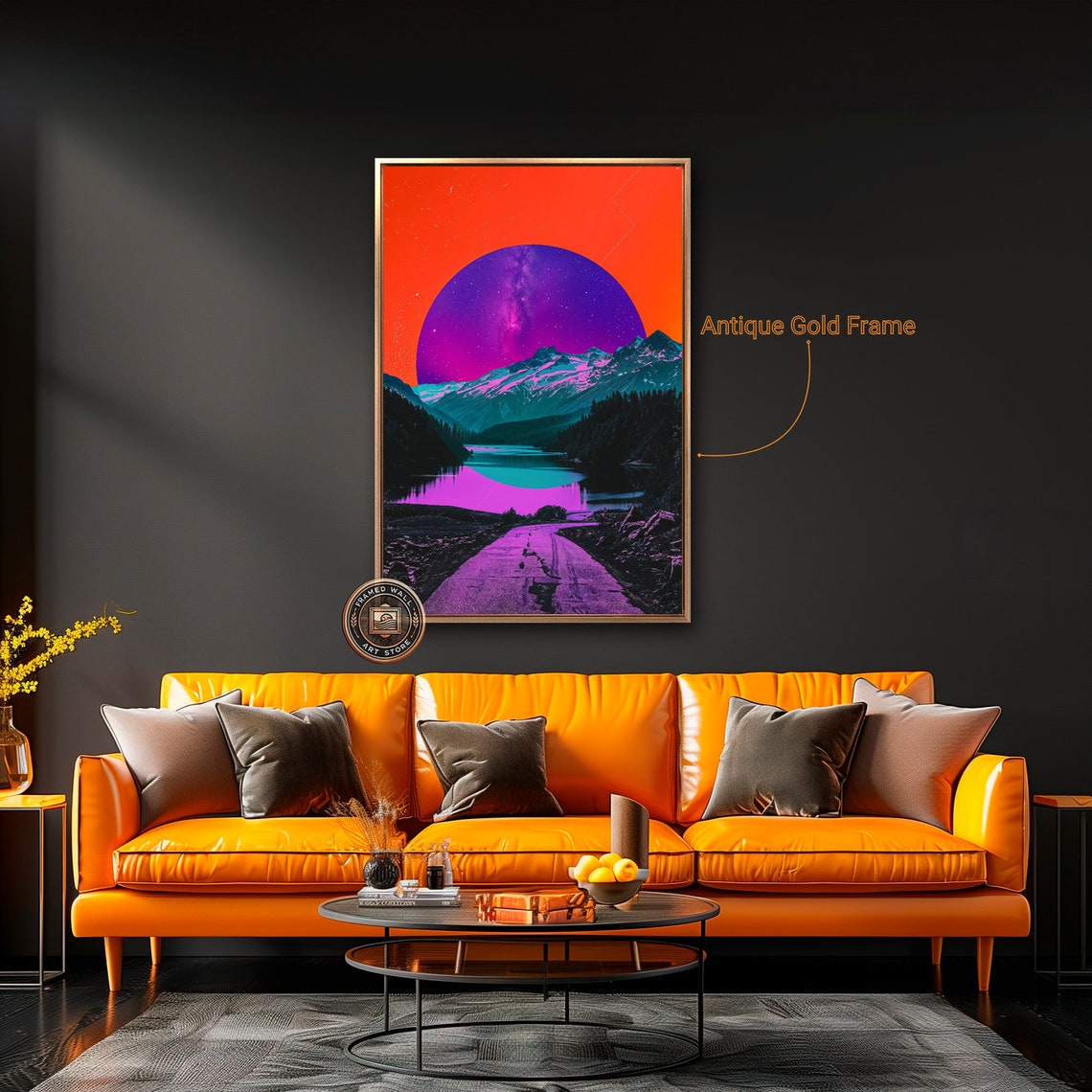 Neon Mountain Lake Road Giant Purple Moon Surreal Art Poster - Image 2