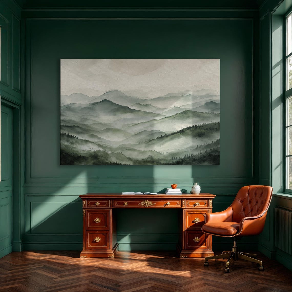 Misty Forest Mountains Abstract Watercolor Landscape Canvas Poster