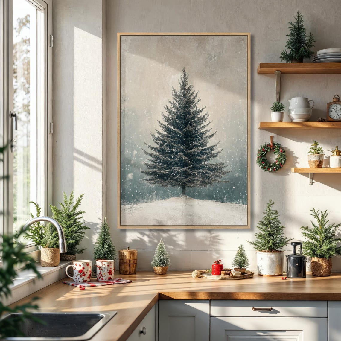 Lone Evergreen Tree In Falling Snow Soft Winter Landscape Poster