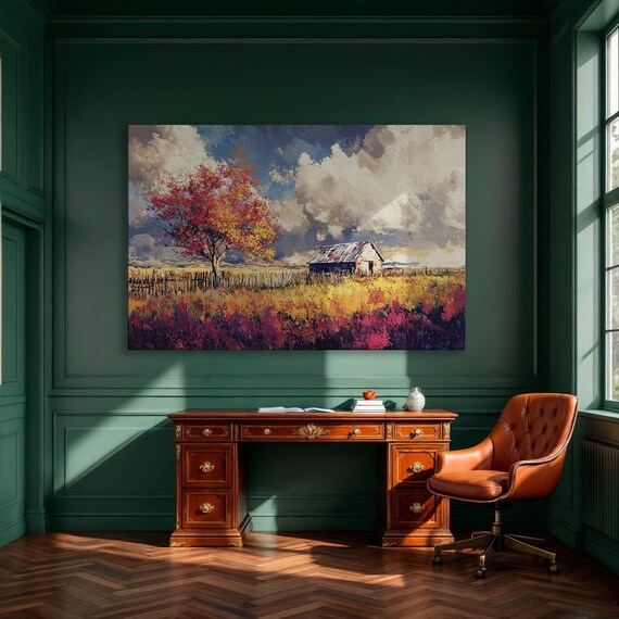 Autumn Field Red Barn Storm Clouds Rustic Rural Landscape Poster
