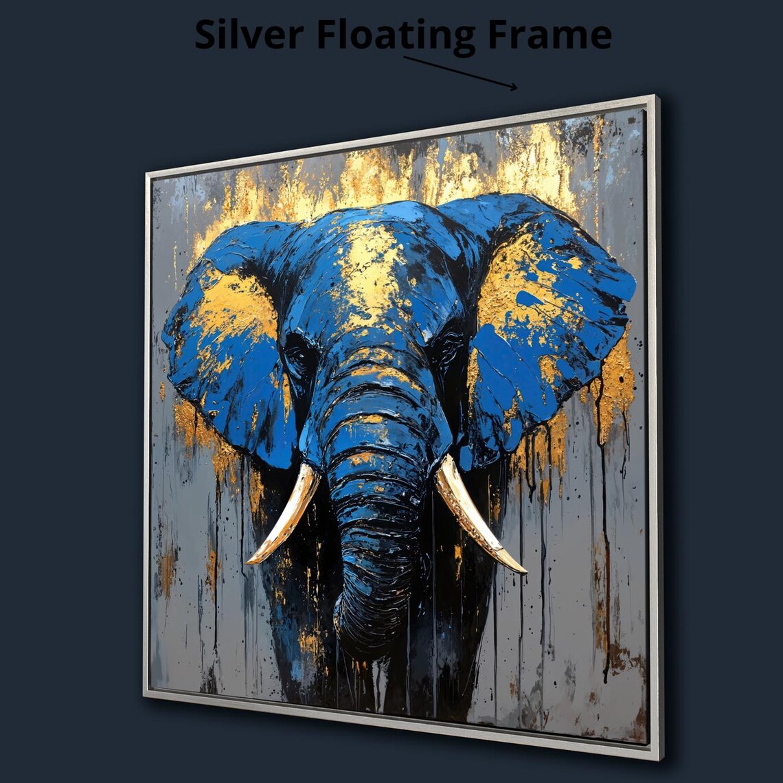 Majestic Blue Gold Elephant Face Close Up Abstract Safari Wall Art Poster - Image 3
