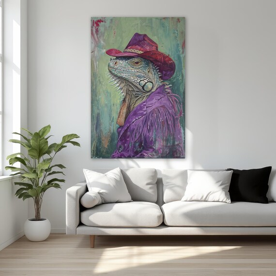 Surreal Iguana Cowboy, Western Reptile Art Print