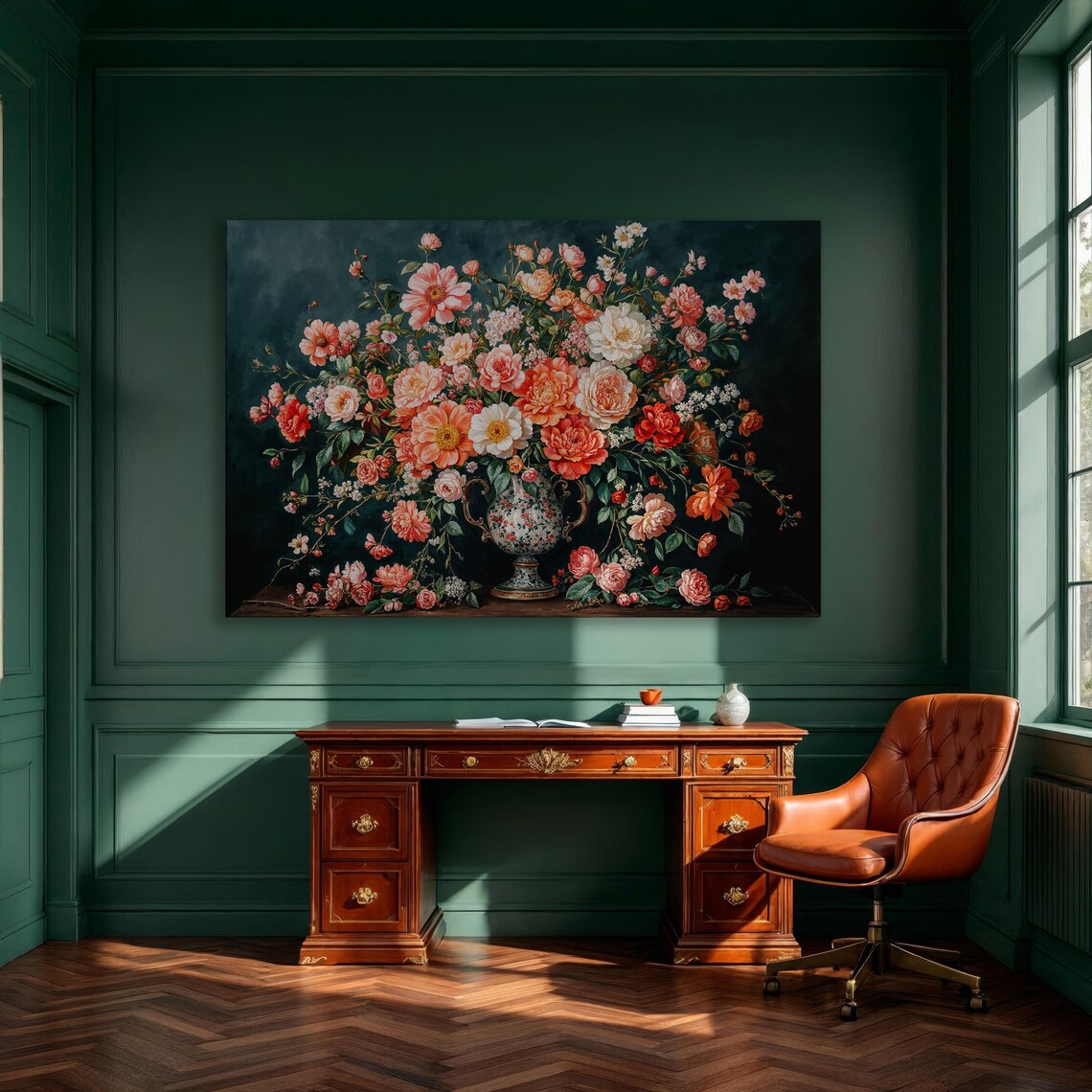 Coral Pink Peonies Bouquet In Vase Dark Floral Still Life Poster