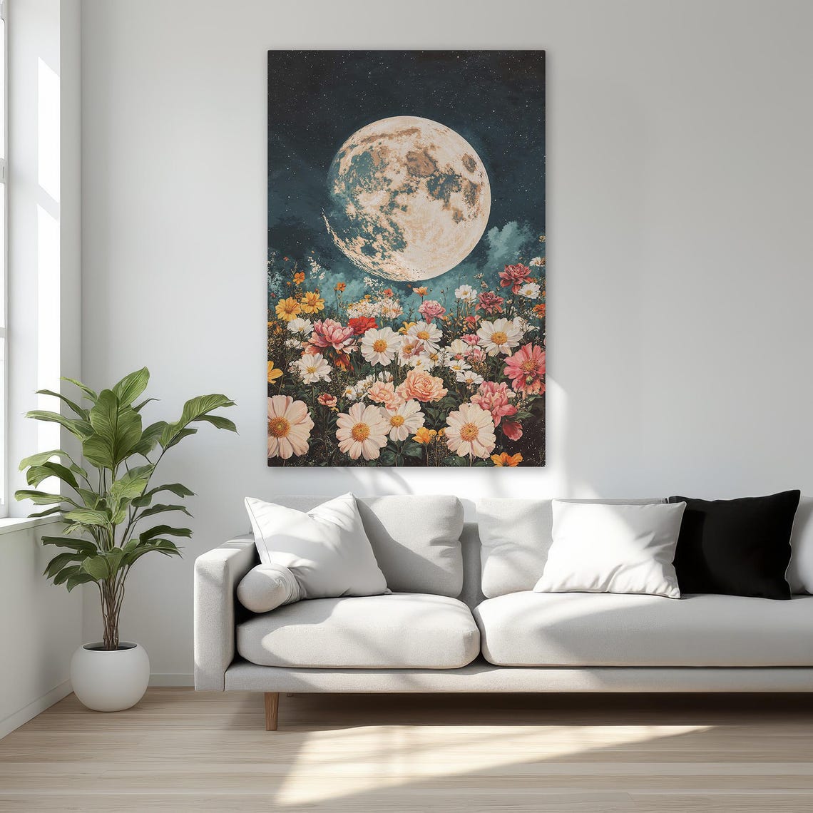 Full Moon Rising Over Wildflower Meadow Teal Night Sky Poster