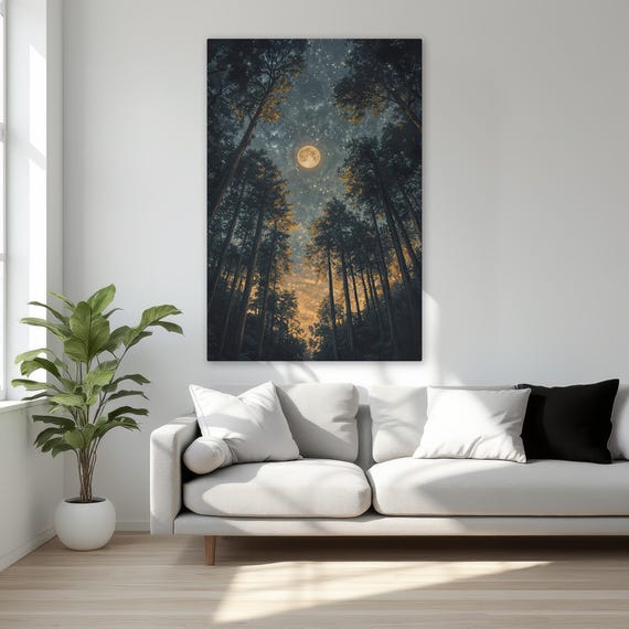 Mystical Forest Framed Canvas Print Enchanted Trees Starry Sky And Phases Of The Moon Serene Nature Art Wall Decor Ready To Hang