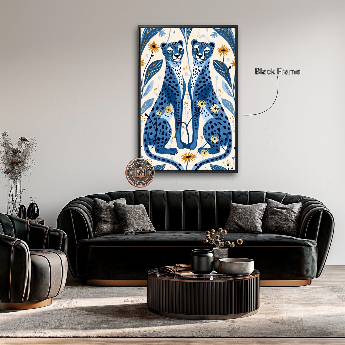 Two Blue Cheetahs Sitting Botanical Illustration Animal Art Poster - Image 4