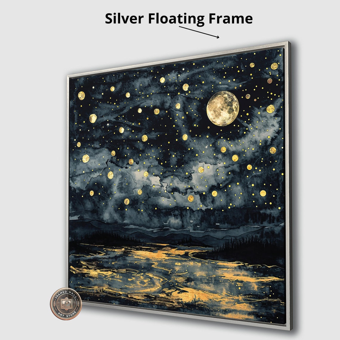 Golden Moonlit Night Sky Stars Celestial Lake Mystical Art Poster - Image 4
