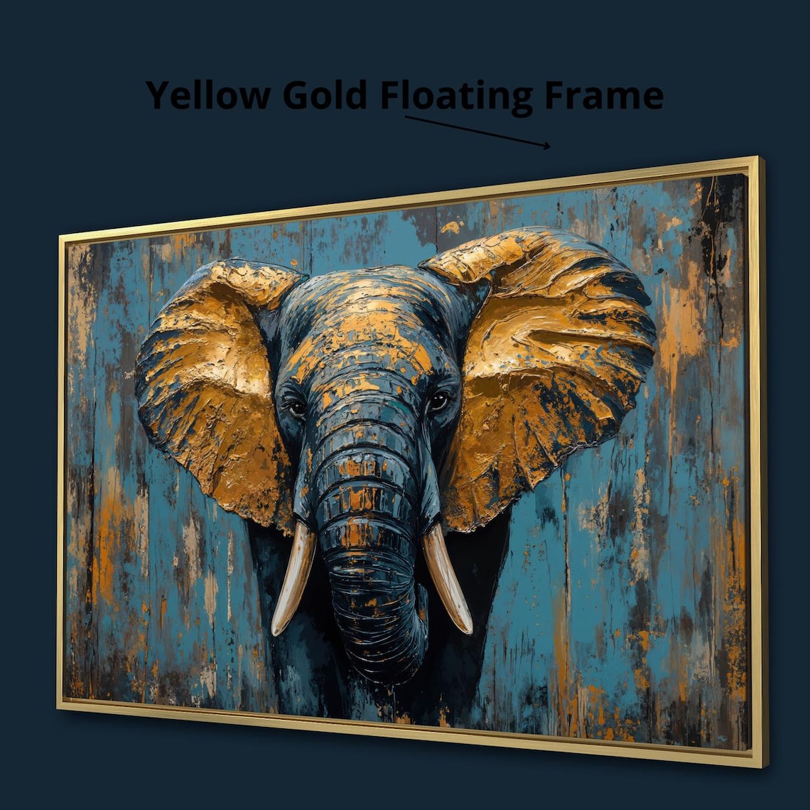 Majestic Elephant Portrait Golden Bronze Ears Blue Texture Background Poster - Image 4