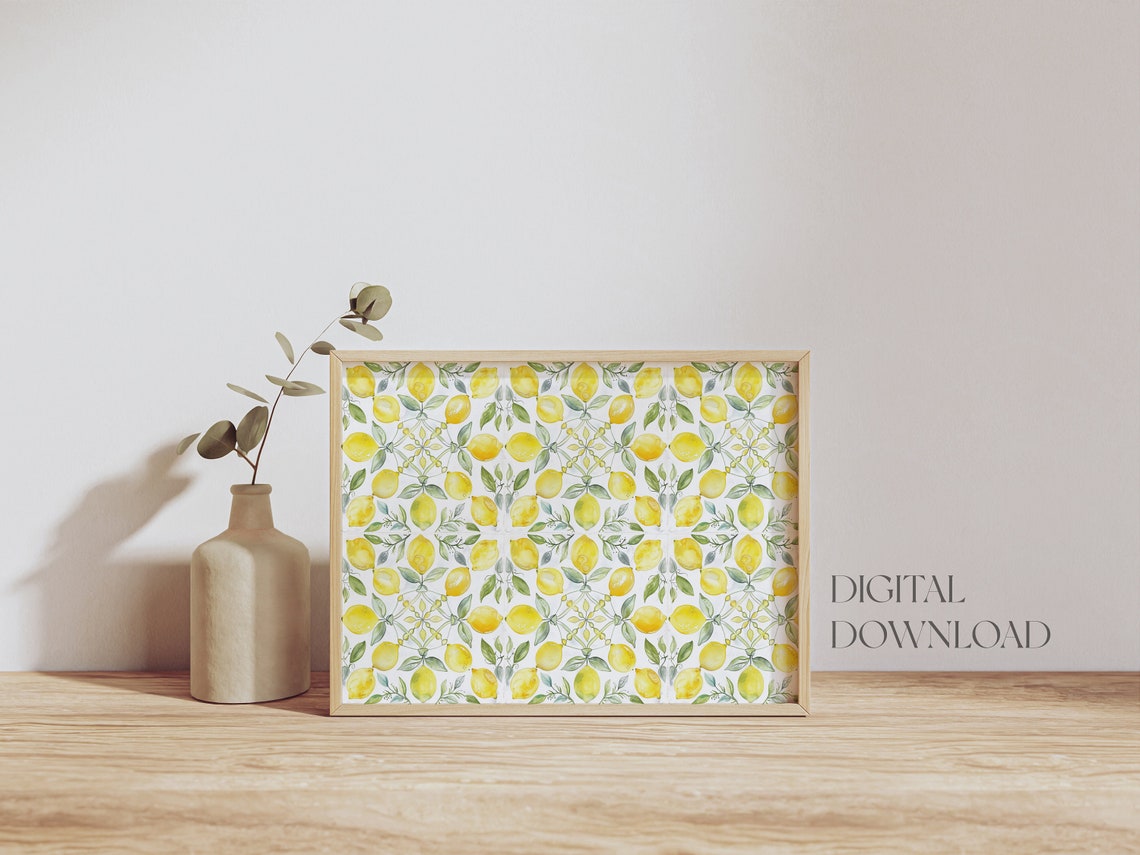 Watercolor Lemon Tile Pattern Mediterranean Kitchen Wall Art - Image 2