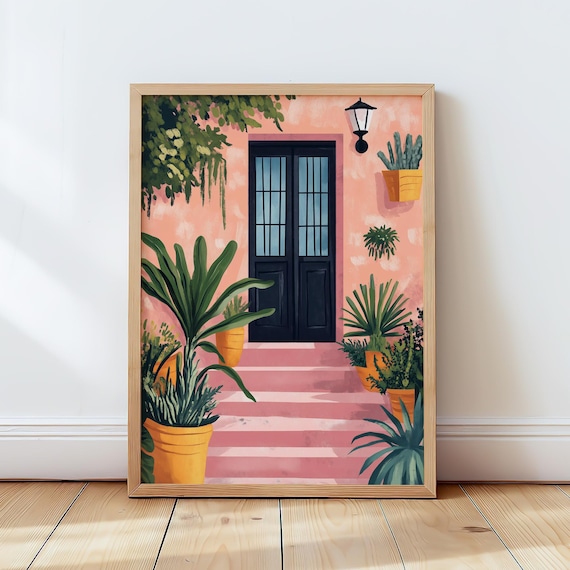Terracotta Mediterranean Doorway Plants Poster Warm Pink Home Decor