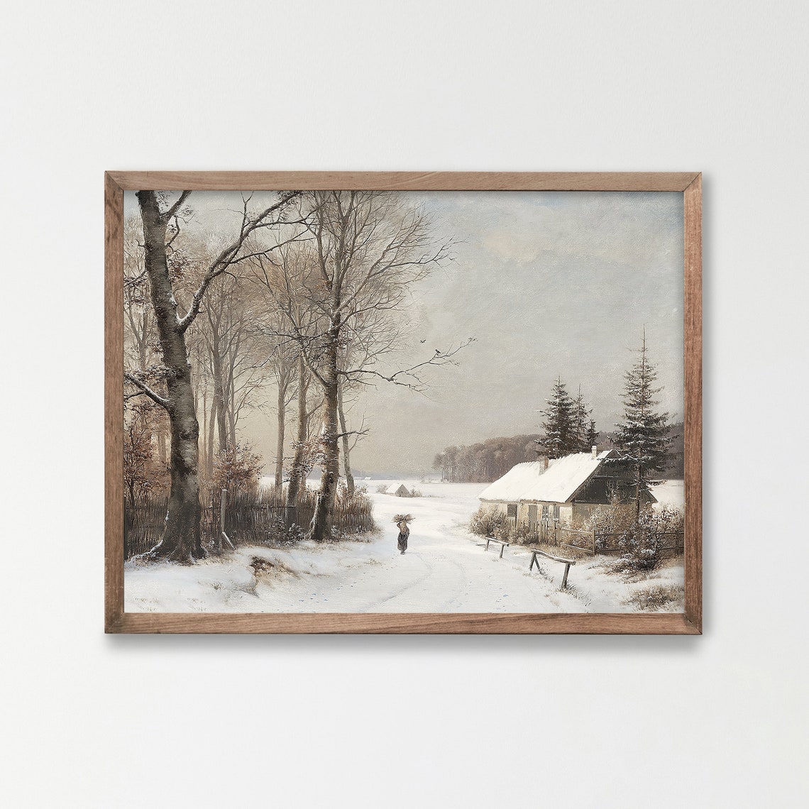 Vintage Serene Snowy Forest Path Cabin Winter Painting Art Poster