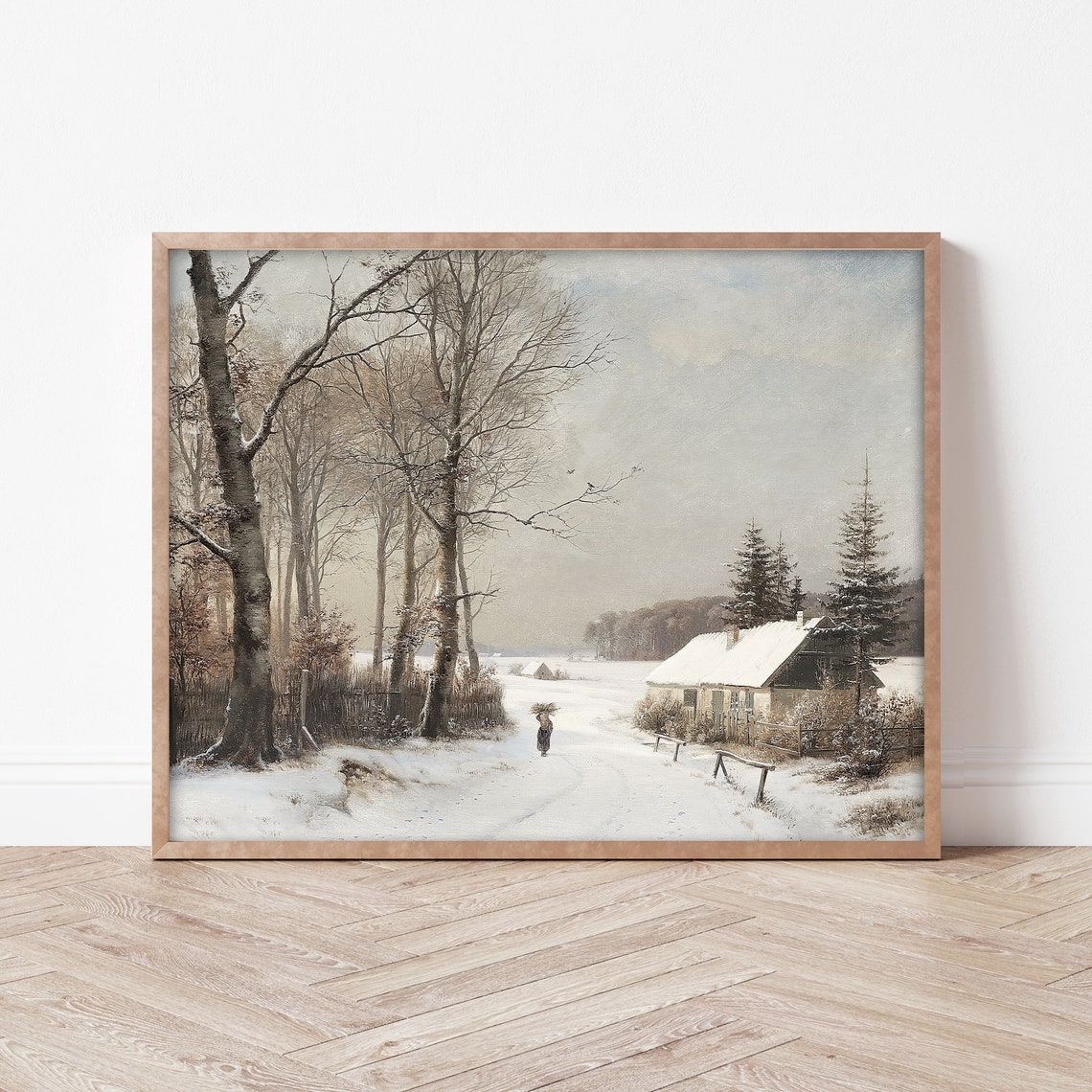 Vintage Serene Snowy Forest Path Cabin Winter Painting Art Poster - Image 3