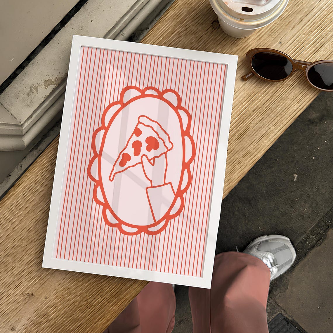 Red Line Art Pizza Slice Trendy Kitchen Minimalist Decor Poster