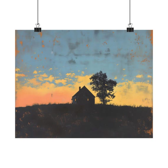 Vintage Farmhouse Sunrise Poster Print Landscape Modern Painting Outdoor Nature Rustic Wall Print Airbnb Art Wall Decor