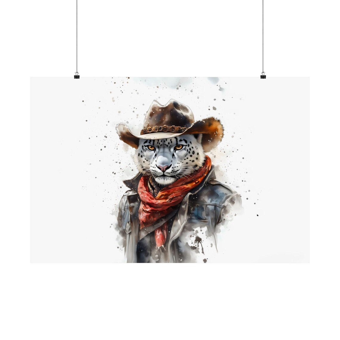 Snow Leopard Cowboy Hat Watercolor Portrait Red Bandana Western Wild Poster - Image 3