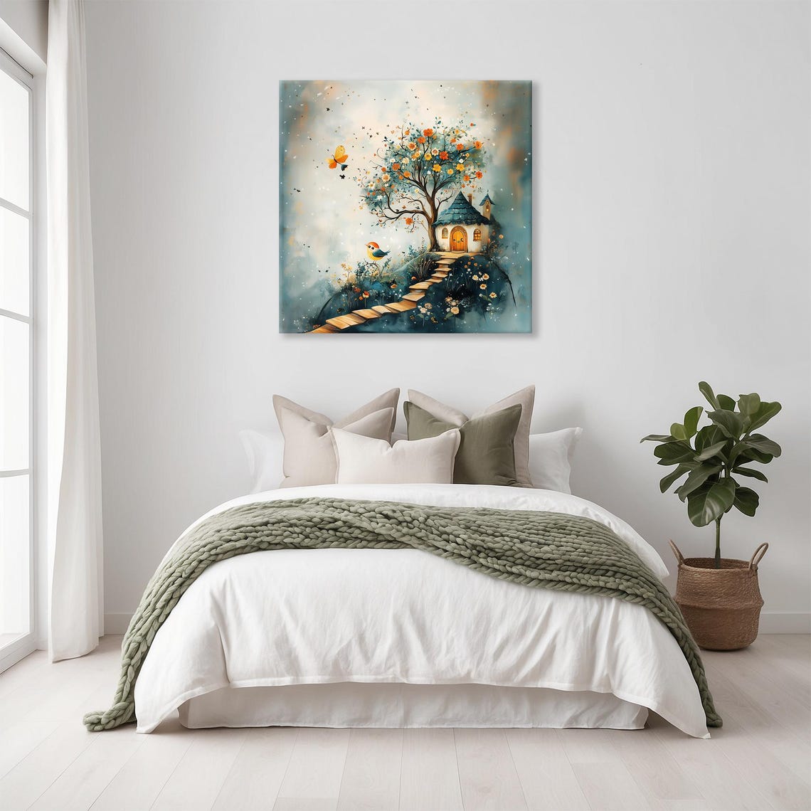 Sweet Dreamy Fairytale Cottage With Blossom Tree on a Hill Print