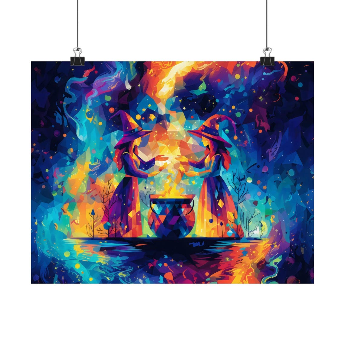 Two Geometric Witches Casting Spell Over Glowing Cauldron Poster