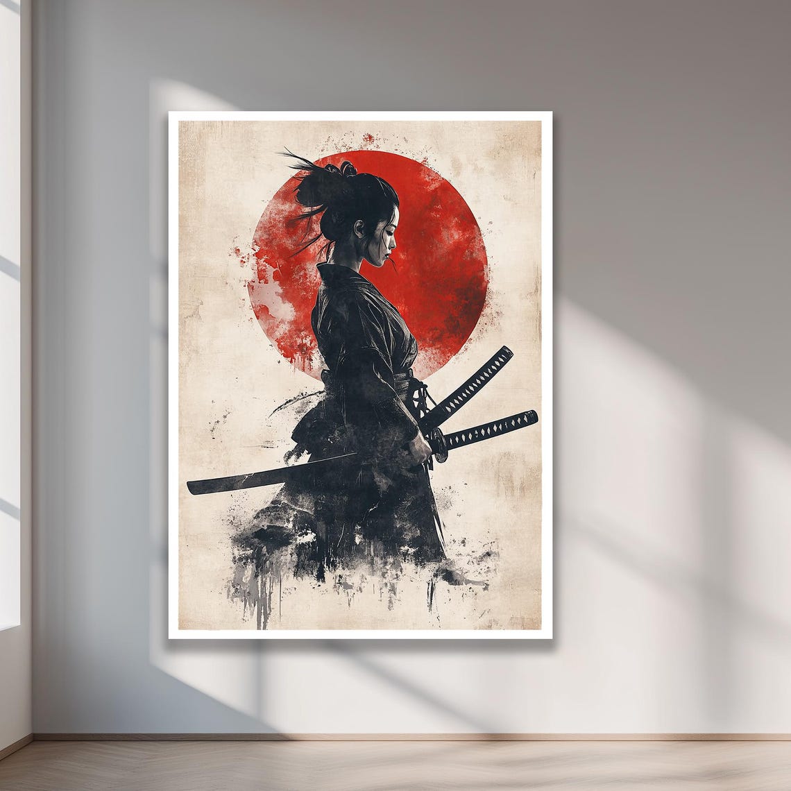 Samurai Woman Silhouette Red Sun Japanese Ink Style Art Poster