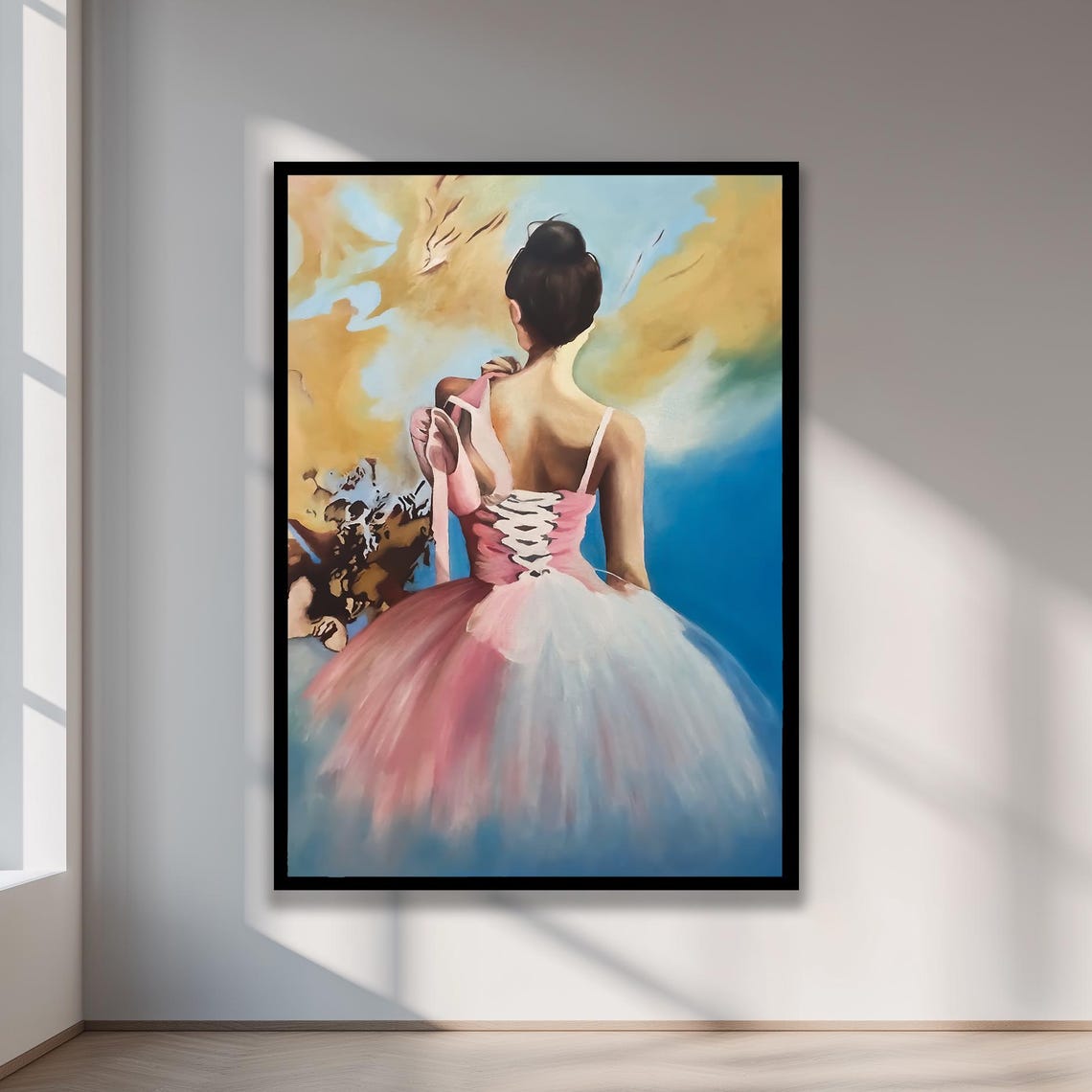 Ballerina In Pink Tutu Tying Pointe Shoes Seen From Back Poster