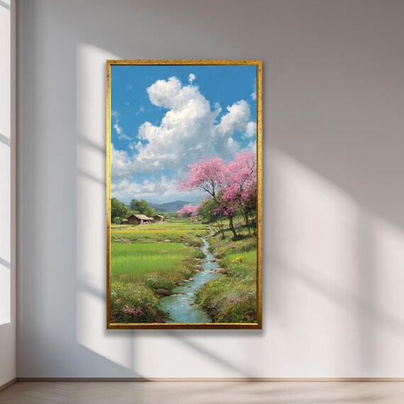 Spring Cherry Blossom Stream Landscape Pink Trees Valley Poster