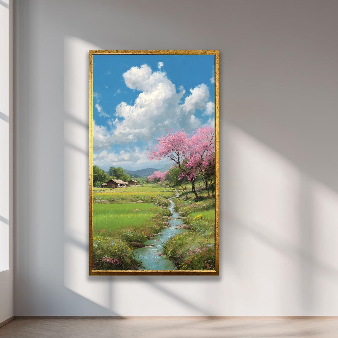 Spring Cherry Blossom Stream Landscape Pink Trees Valley Poster