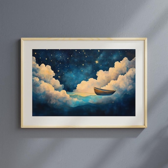 Night Voyage Dreamy Surreal Boat, Starry Sky
