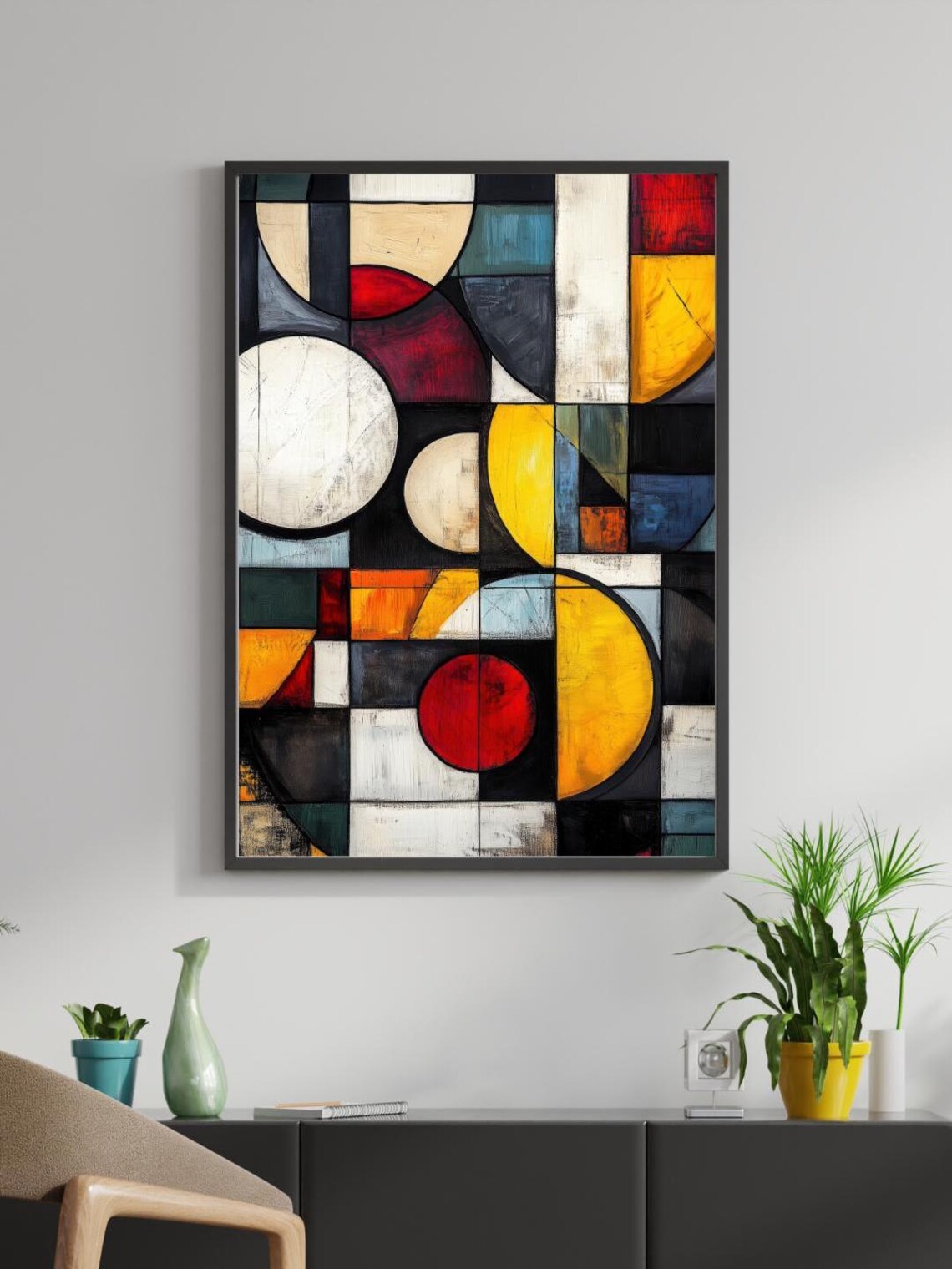 Geometric Fusion Abstract Oil Painting, Bold Modern - Image 2
