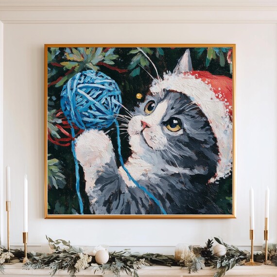 Playful Christmas Kitten Blue Yarn Ball Santa Hat Festive Wall Art