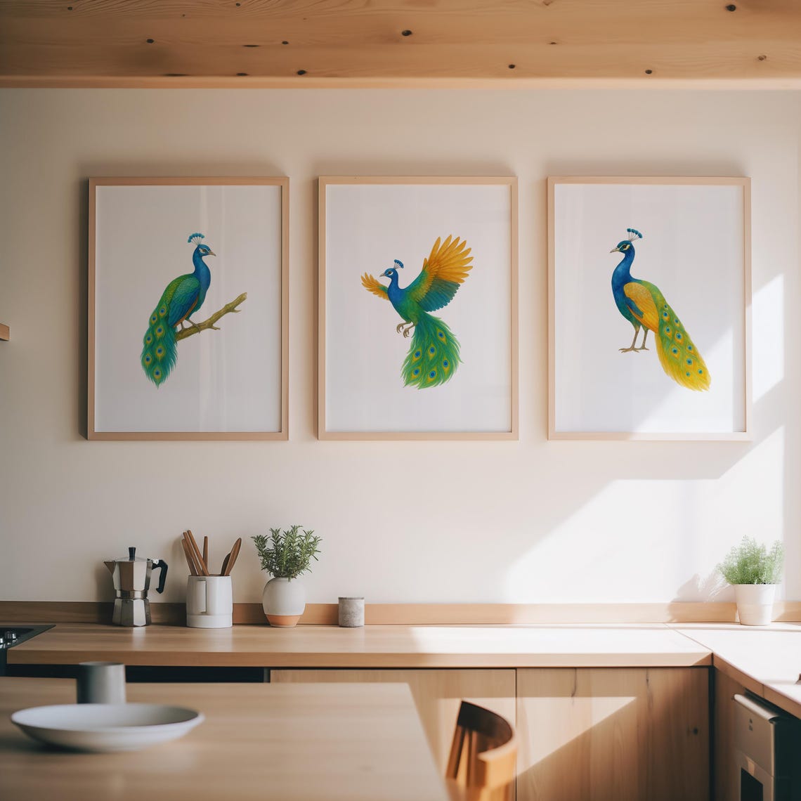 Peacock Trio Watercolor Bright Plumes Colorful Boho Birds Set Poster