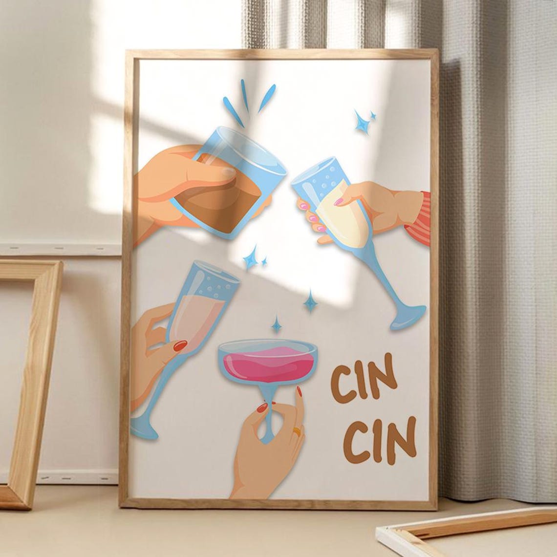Cin Cin Cocktail Toast Illustrated Hands Fun Cheers Party Wall Poster