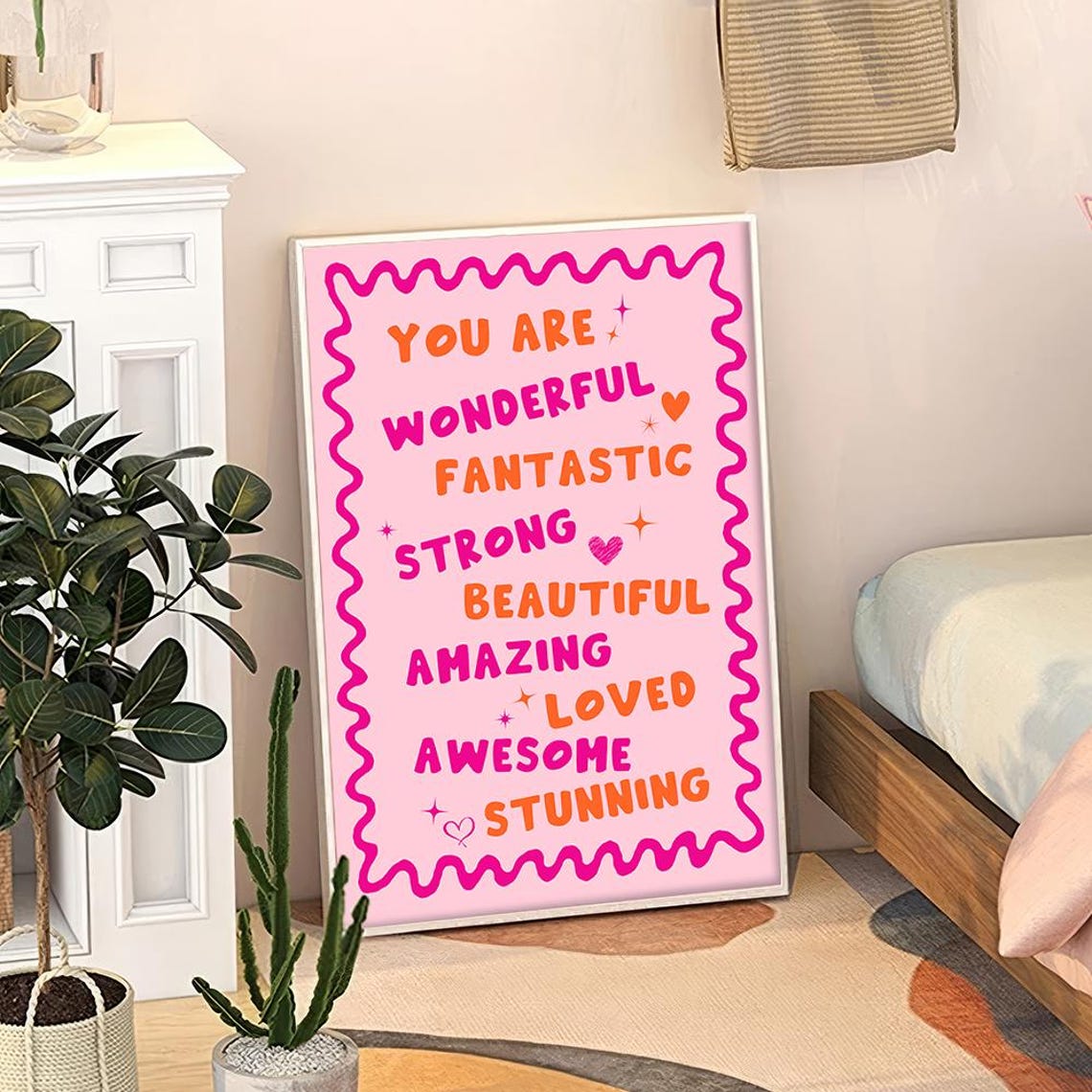 You Are Wonderful Pink Retro Affirmation Poster Trendy Dorm Room Decor
