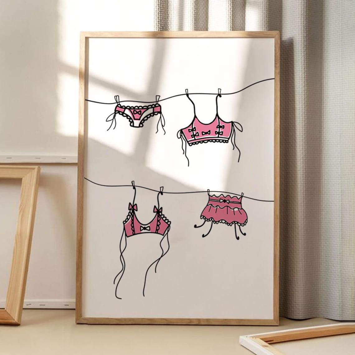 Pink Lingerie Sketches Hanging on a Clothesline Trendy Art Poster