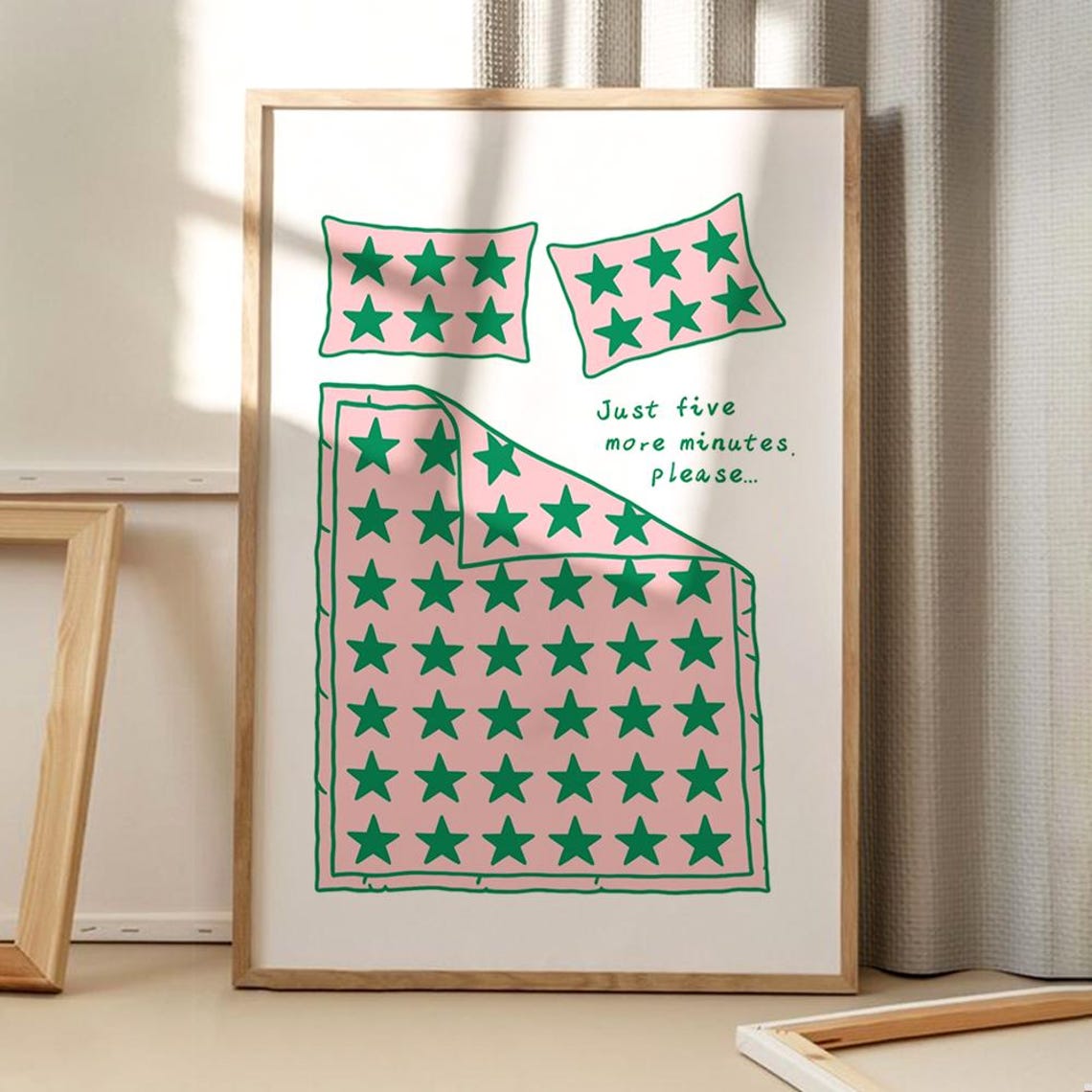 Just Five More Minutes Please Pink Green Star Bed Funny Quote Poster