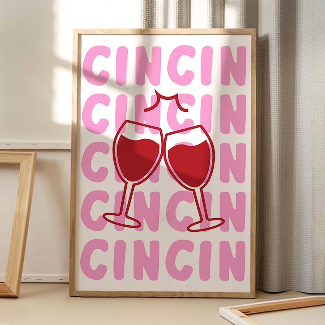 Cin Cin Cheers Pink Wine Glasses Retro Bar Cart Party Poster