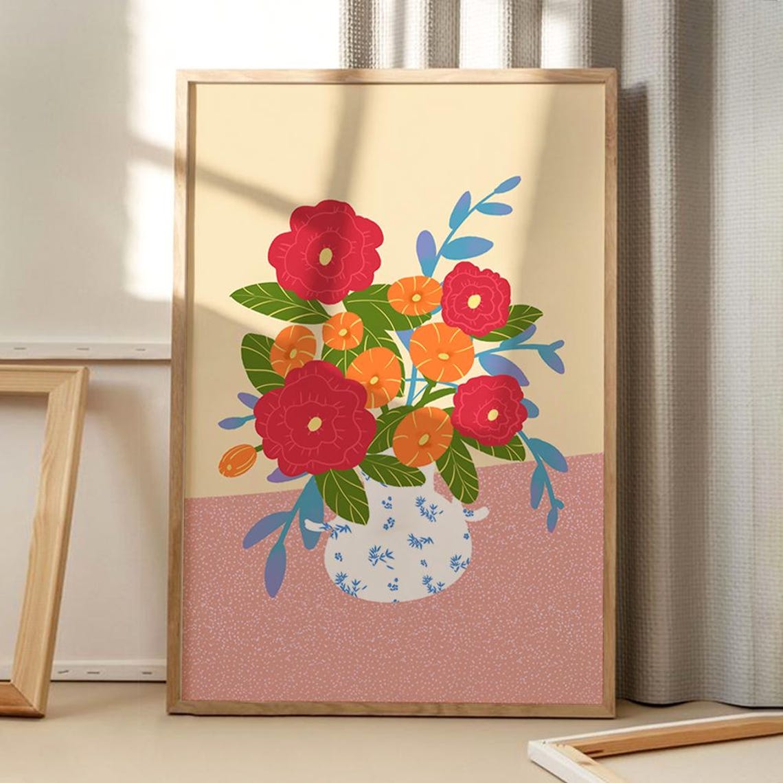 Red Orange Floral Bouquet Patterned Vase Retro Botanical Art Poster